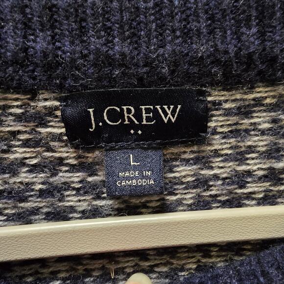 J Crew blue gray houndstooth lambs wool blend knit crewneck sweater mens large - Picture 2 of 10